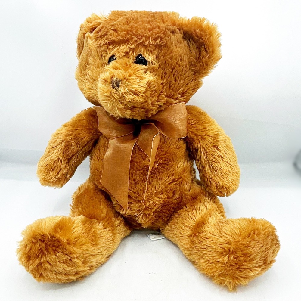 Teddy Bear Plush Brown Shaggy‎ Fur with Organza Ribbon 12" H